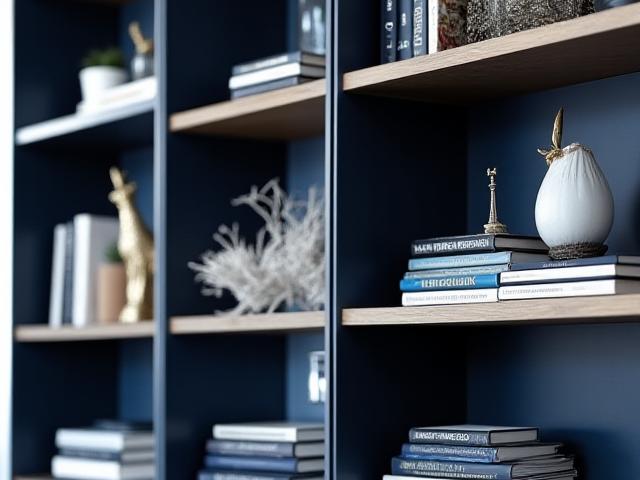 Modern bokhylla i mörk marinmetall och ljust trä, med marina dekorationer, i ett elegant vardagsrum