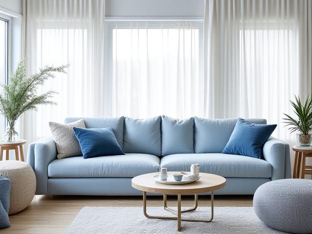 Elegant soffgrupp i marinblått och vitt tyg, med havstema, i ett ljust rum