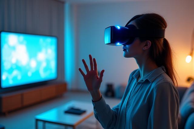 Kvinna med VR-headset tittar på marina möbler i ett virtuellt rum